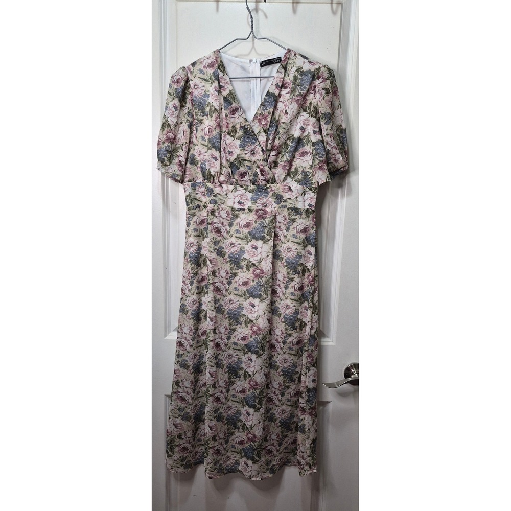 Dazy Floral V-Neck Midi Dress Pink Blue Rose Print Puff Sleeve Cottagecore SizeM